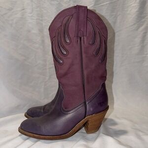 Frye 7177 Purple Embroidered Leather Western Mid-Calf Boots Pointed Toe US 7